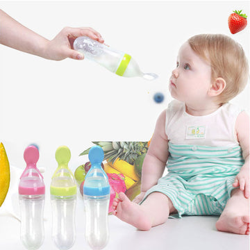 SqueezeSip™ Silicone Baby Feeding Bottle & Training Spoon – Safe Newborn & Toddler Milk Feeder with Food Supplement Design